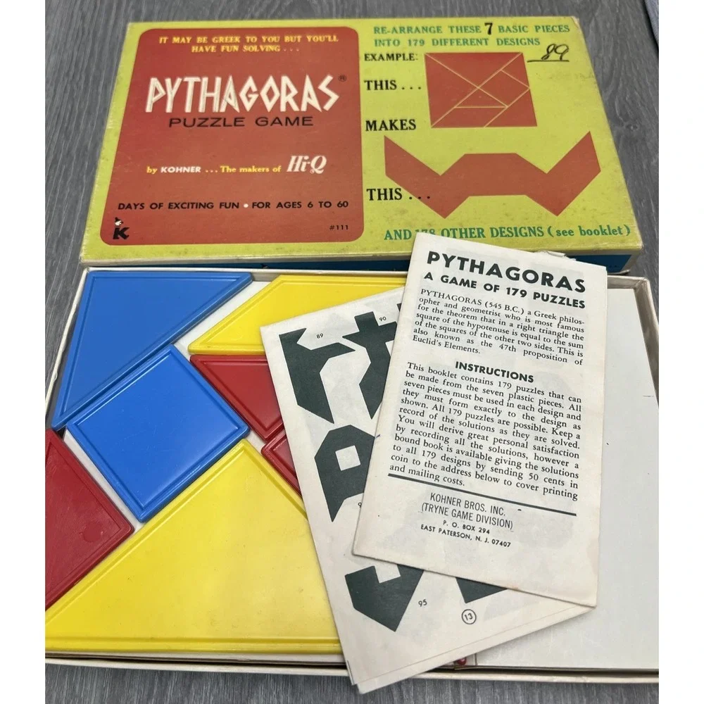Vintage Pythagoras Puzzle Game by Kohner Hi-Q Tangram Brain Teaser 179 Designs